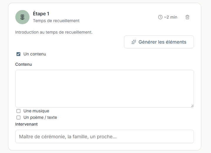 Fiche d'une étape : contenu, musique, poème, intervenant